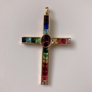 Rainbow Swarovski Cross Gold Toned Pendant Vintage Signed